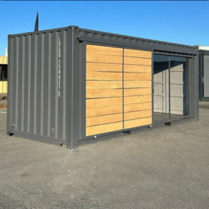 Contenedor tienda quiosco Zen-Box con puerta corredera de madera